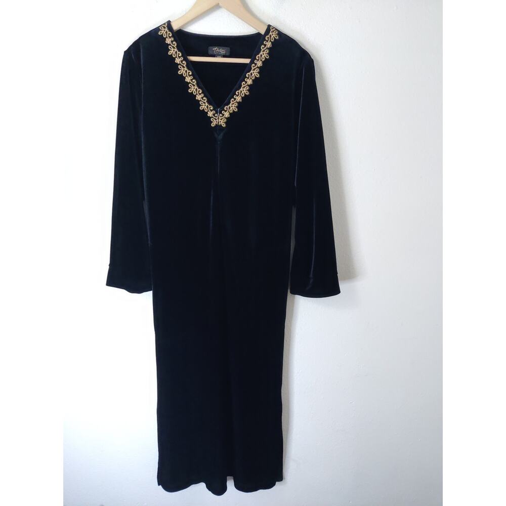 Thalia Sodi Intimates Black V-Neck Embroidered Velvet Long Sleeve Midi Dress M